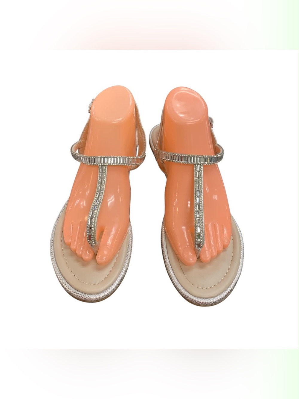 Aldo Crystal-Embellished Nude and Silver T-Strap Sandals S9